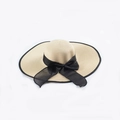 Women's wide brim straw sun hat in beige with a large black mesh bow decoration - M (56-58cm) / Beige