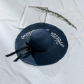 Navy wide brim straw hat with Hello Sunshine embroidery and black ribbon bow for summer beach - M (56-58cm) / Navy Blue