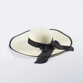 Elegant wide brim straw sun hat for women with a black ribbon bow in beige color - M (56-58cm) / Milk White