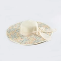 Women's wide-brim straw sun hat with cream ribbon bow and colorful mixed-weave brim - M (56-58cm) / Milk White