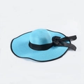 Sky blue straw sun hat for women with wide brim and elegant black ribbon bow - M (56-58cm) / Sky Blue