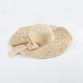 Beige wide brim straw hat featuring colorful polka dots and a stylish ribbon bow - M (56-58cm) / Beige
