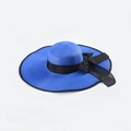 Royal blue wide-brim straw hat for women with elegant black ribbon bow detail - M (56-58cm) / Dark Blue