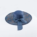 Dark blue wide-brimmed straw hat with colorful accents and large bow decoration - M (56-58cm) / Navy Blue