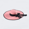 Pink wide brim straw sun hat with black ribbon bow and contrasting black piping edge - M (56-58cm) / Pink
