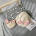 Strohhut für Mädchen mit passender Umhängetasche, rosa Schleifen und Perlenanhängern - Hut / Beige