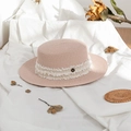 Detail of pink woven straw hat featuring a white fringe band and gold metal M logo badge - M (56-58cm) / Flesh Pink