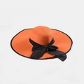 Summer bright orange wide brim straw hat with large black bow ribbon decoration - M (56-58cm) / Orange