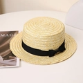 Cappello di paglia a testa piatta con fiocco nero in beige per protezione solare - M (56-58cm) / Parte Superiore Piatta con Fiocco Nero