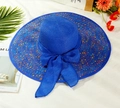 Dark blue wide brim straw sun hat with colorful polka dots and a large bow decoration - M (56-58cm) / Sapphire Blue