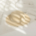 Elegant wide brim flat top straw sun hat with decorative pearl band for women - M (56-58cm) / Off White