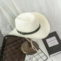 Detail of white straw cowboy hat with black leather band and adjustable chin strap - M / Cream