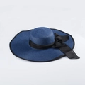 Navy blue wide-brimmed straw sun hat with black ribbon bow and scalloped edge detail - M (56-58cm) / Navy Blue