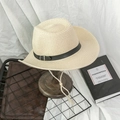 Detail of a beige fedora straw hat with dark leather band and windproof chin strap - M / Off White