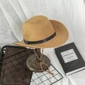 Unisex wide brim woven straw cowboy hat with leather band and adjustable chin strap - M / Khaki