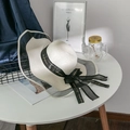 Macro shot of wide brim straw hat with black mesh trim and Love you forever ribbon - M (56-58cm) / Cream