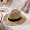Klassischer Strohhut Panama-Stil mit schwarzem Band und atmungsaktivem Geflecht für den Sommer - M(56-58cm) / Flat Brim