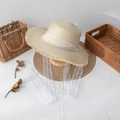 Sombrero de paja de copa plana con cinta de encaje blanco y bordes deshilachados de verano - M(56-58cm) / Natural