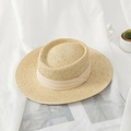 Close-up of lightweight summer straw hat with wide brim and decorative ribbon - M (56-58cm) / Beige With Beige Ribbon