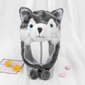 Cute plush husky animal hat with long earflaps and soft faux fur for kids and adults - One Size / Gray