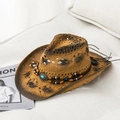 Detail of western straw cowboy hat featuring ethnic beads and turquoise stone decor - M / Coffee