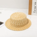 Detailed view of the woven spiral texture on a beige straw boater hat with flat top - M (56-58cm) / Brim Width Approx 5cm
