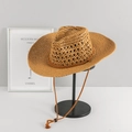 Handgewebter Stroh-Cowboyhut mit Lochmuster und verstellbarem Kinnriemen für optimalen Sonnenschutz - M (56-58cm) / Khaki