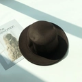 Close-up of deep brown wool felt boater hat with minimalist flat top and narrow brim - M (56-58cm) / Coffee