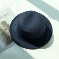 Classic dark blue wool felt boater hat with flat top for winter and autumn fashion - M (56-58cm) / Navy Blue