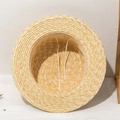 Detailed interior of natural straw boater hat showing beige sweatband and adjustable ties - M (56-58cm) / Brim approx. 7cm