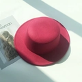 Deep pink wool felt boater hat with flat top and geometric shadow background - M (56-58cm) / Rose Red