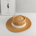 Cappello di paglia Panama intrecciato a mano con cupola piatta e fascia crema per la spiaggia - M (56-58cm) / Cachi
