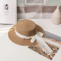 Platte strohoed met wit gaaslint en parels voor strandvakantie outfit mode - M(56-58cm) / Khaki