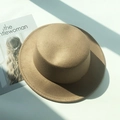 Detail of khaki wool felt boater hat showing fine stitching and stiff brim craftsmanship - M (56-58cm) / Khaki