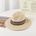 Summer Bohemian straw fedora hat with colorful ethnic band for beach sun protection - M (56-58cm) / Beige