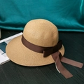 Elegante cappello di paglia a tesa larga con fiocco marrone per vacanze al mare - M (56-58cm) / Cachi