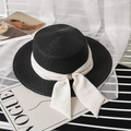 Flat top straw sun hat with black woven texture and rhinestone bow on a fashion set - M (56-58cm) / Black