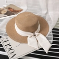 Flat top straw boater hat featuring a white chiffon ribbon and sparkling rhinestone buckle - M (56-58cm) / Khaki