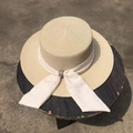 Flat top straw hat with wide brim and white ribbon featuring a rhinestone buckle - M (56-58cm) / Beige