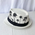 Chapeau de paille blanc avec broderie palmier noir et ruban pour protection solaire - M (56-58cm) / Blanc Lait