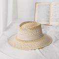 Strohhut im britischen Stil mit zweifarbigem Webmuster und Band für den Strandurlaub - M (56-58cm) / Beige