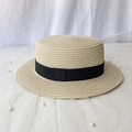 Classic straw boater hat with black ribbon on a clean white textured background - M (56-58cm) / Beige
