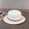 Detailed close-up of white straw boater hat with brown trim and gold buckle accent - M (56-58cm) / White