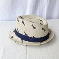 Breathable cream straw fedora for kids featuring blue shark prints and decorative navy ribbon - Kids 52cm Head Circumference / Beige