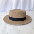 Classic straw boater hat with black ribbon band for summer beach vacation sun protection - M (56-58cm) / Khaki