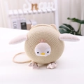 Round children's straw bag with cute penguin face embroidery and a pink crown - Beige Bag