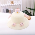Kids' straw sun hat in cream with cute pink cartoon penguin features and soft crown - Off-white Hat