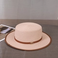 Beige flat top straw hat featuring a brown leather strap and golden buckle detail - M (56-58cm) / Pink