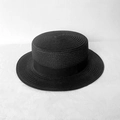 Summer black woven straw boater hat with flat top and matching grosgrain ribbon band - M (56-58cm) / Black