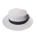 White flat top woven straw hat with black satin ribbon band for summer beach sun protection - M (56-58cm) / Bleached White